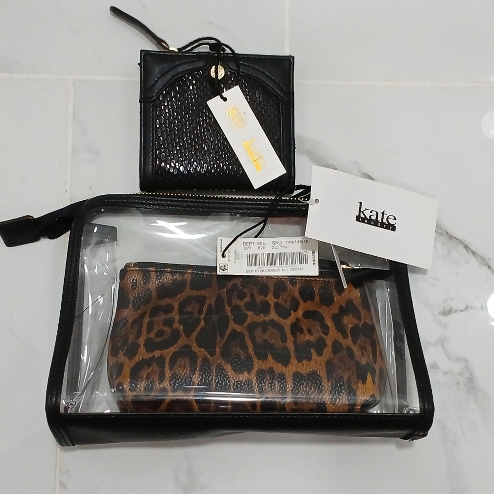 NWT Kate Landry Black and Brown Leopard Print Pouch & Wallet Set